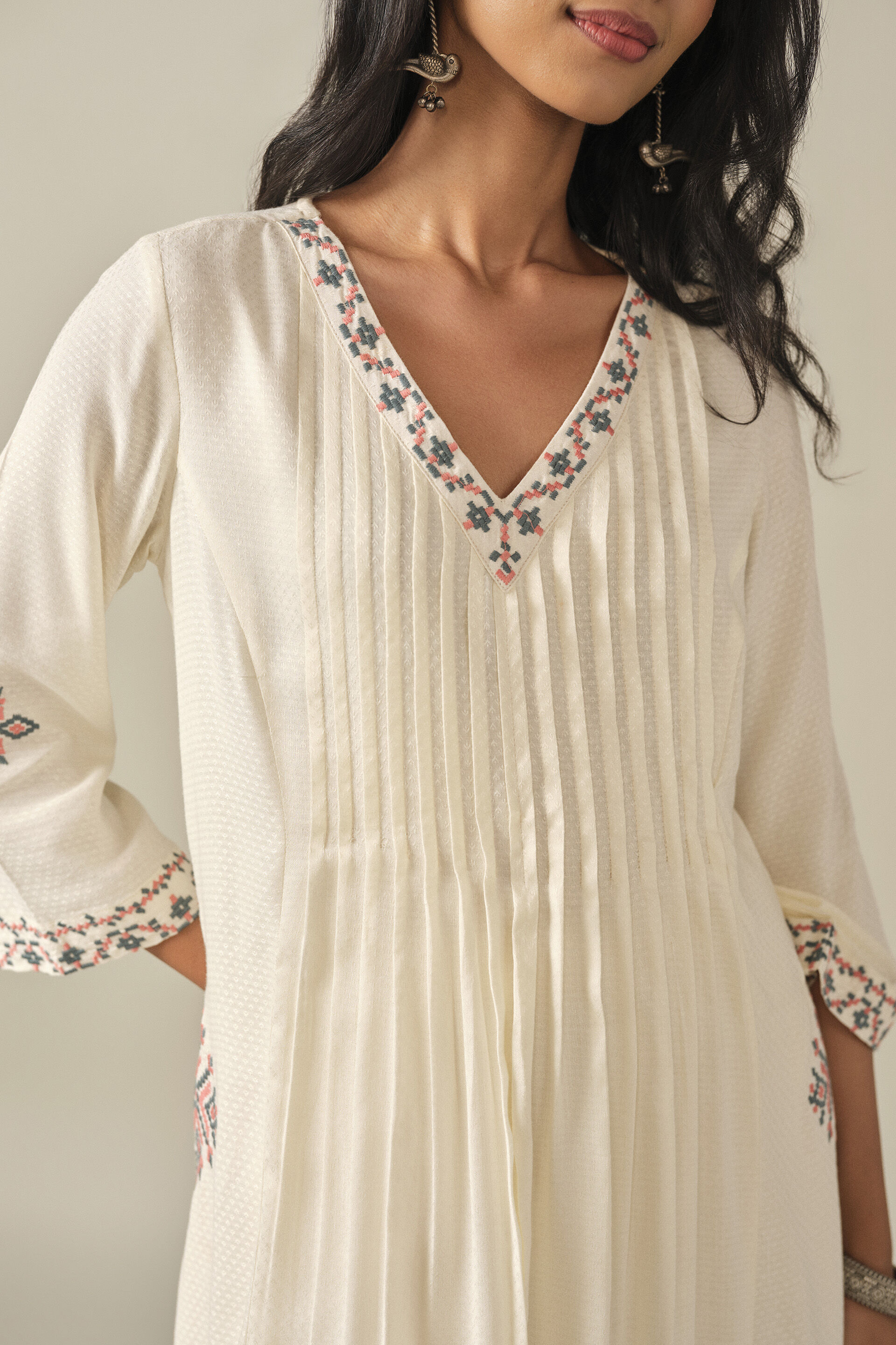 A-Line Embroidered Kurta in White, White, image 2